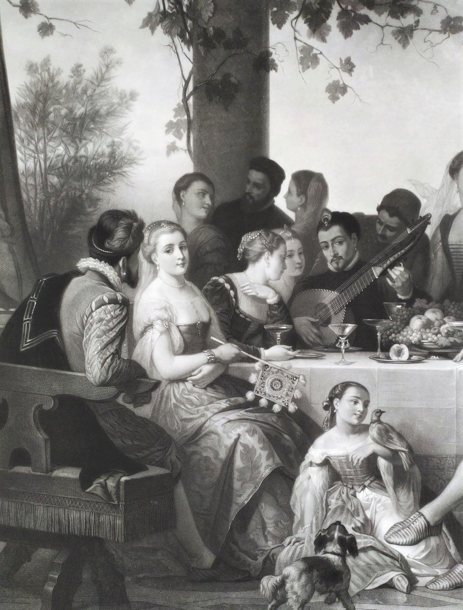 Exceptional Size Engraving After Edouard Hamman Meeting Of Artists At Veronese-photo-1