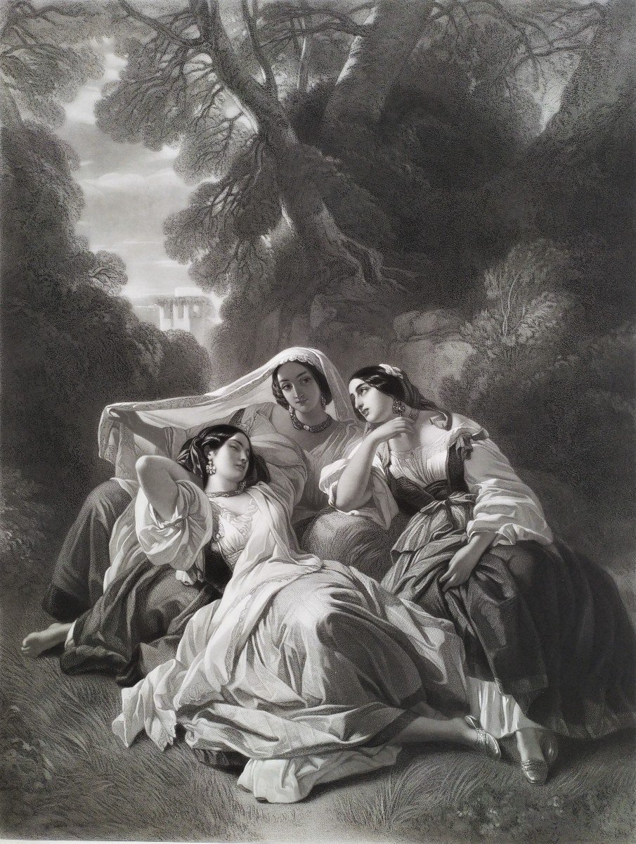 Italian Women Engraving  Etching After Winterhalter 19th C Old Print