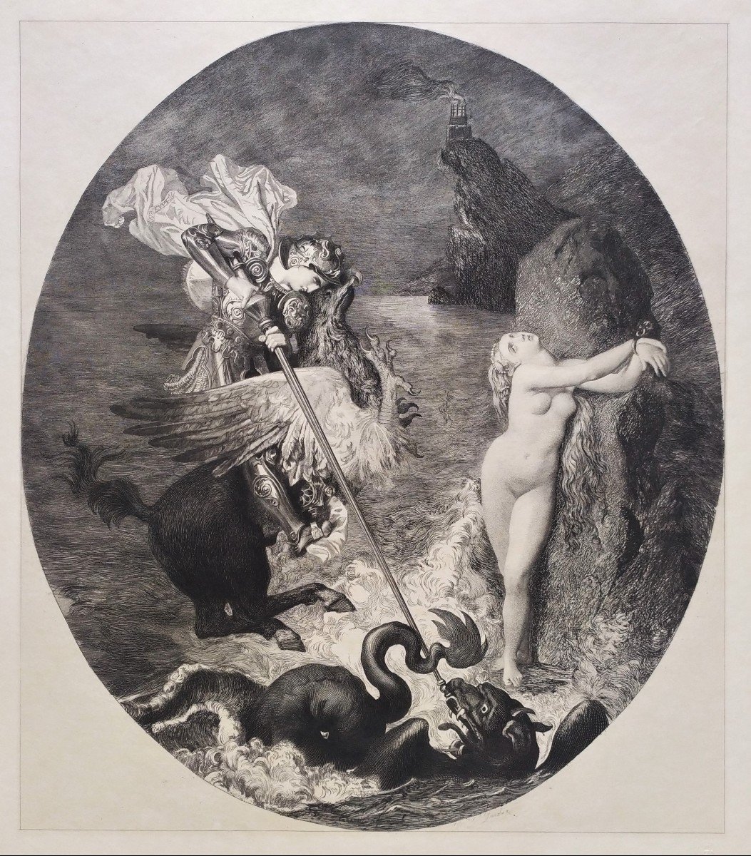 Gravure Mythologique  Roger délivrant Angélique d'Après Ingres -photo-4