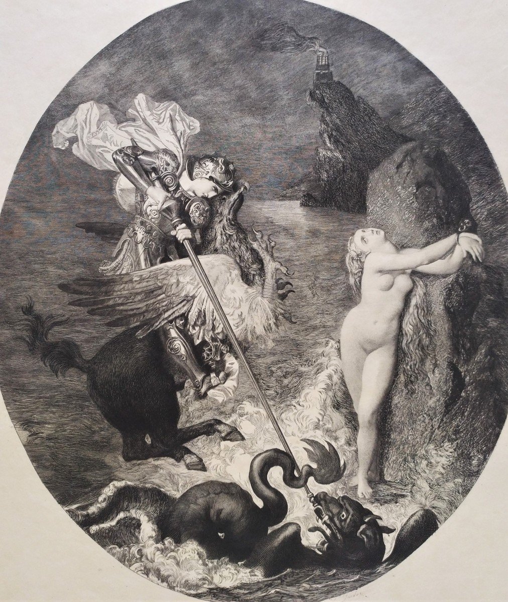 Gravure Mythologique  Roger délivrant Angélique d'Après Ingres -photo-2