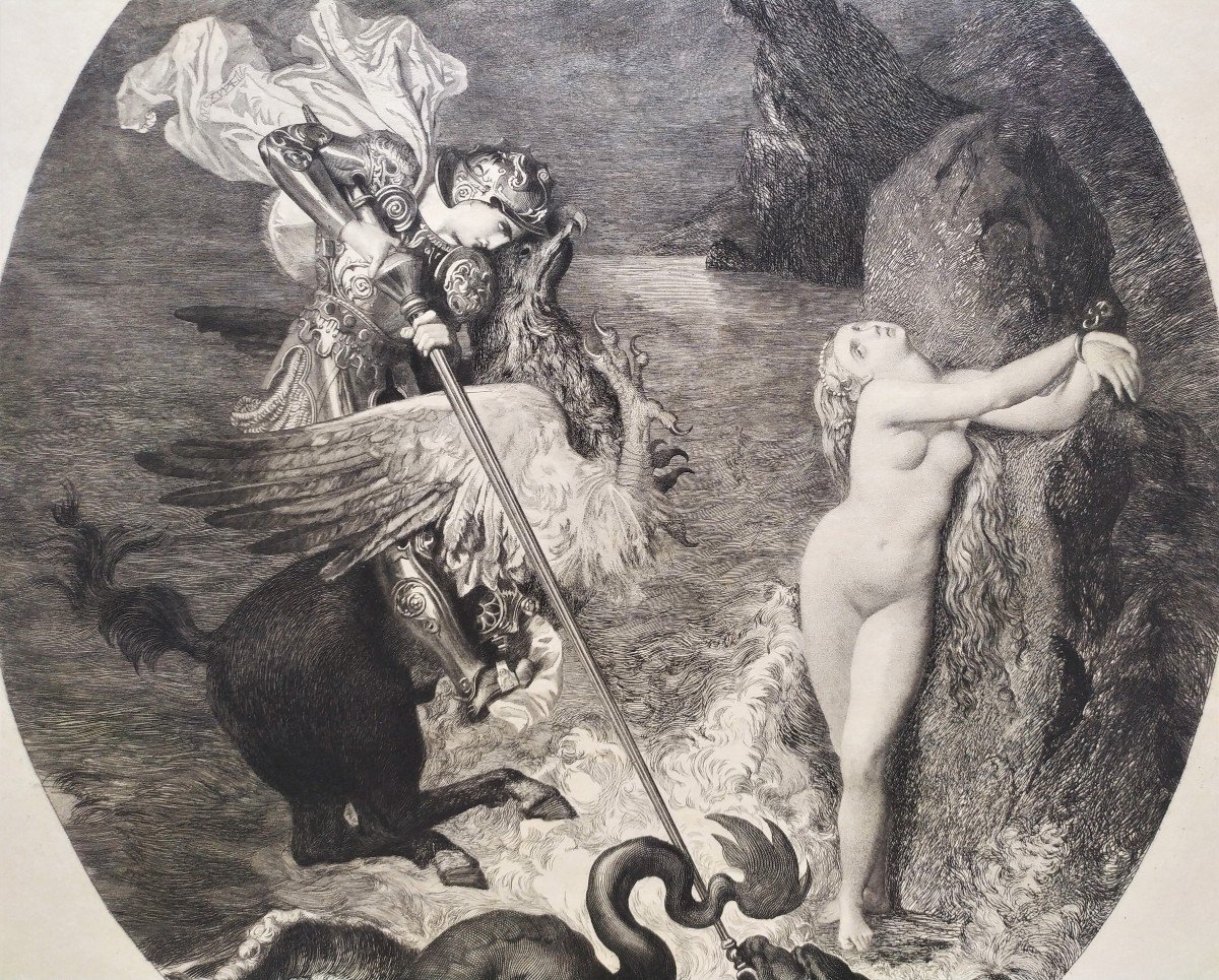 Gravure Mythologique  Roger délivrant Angélique d'Après Ingres -photo-3