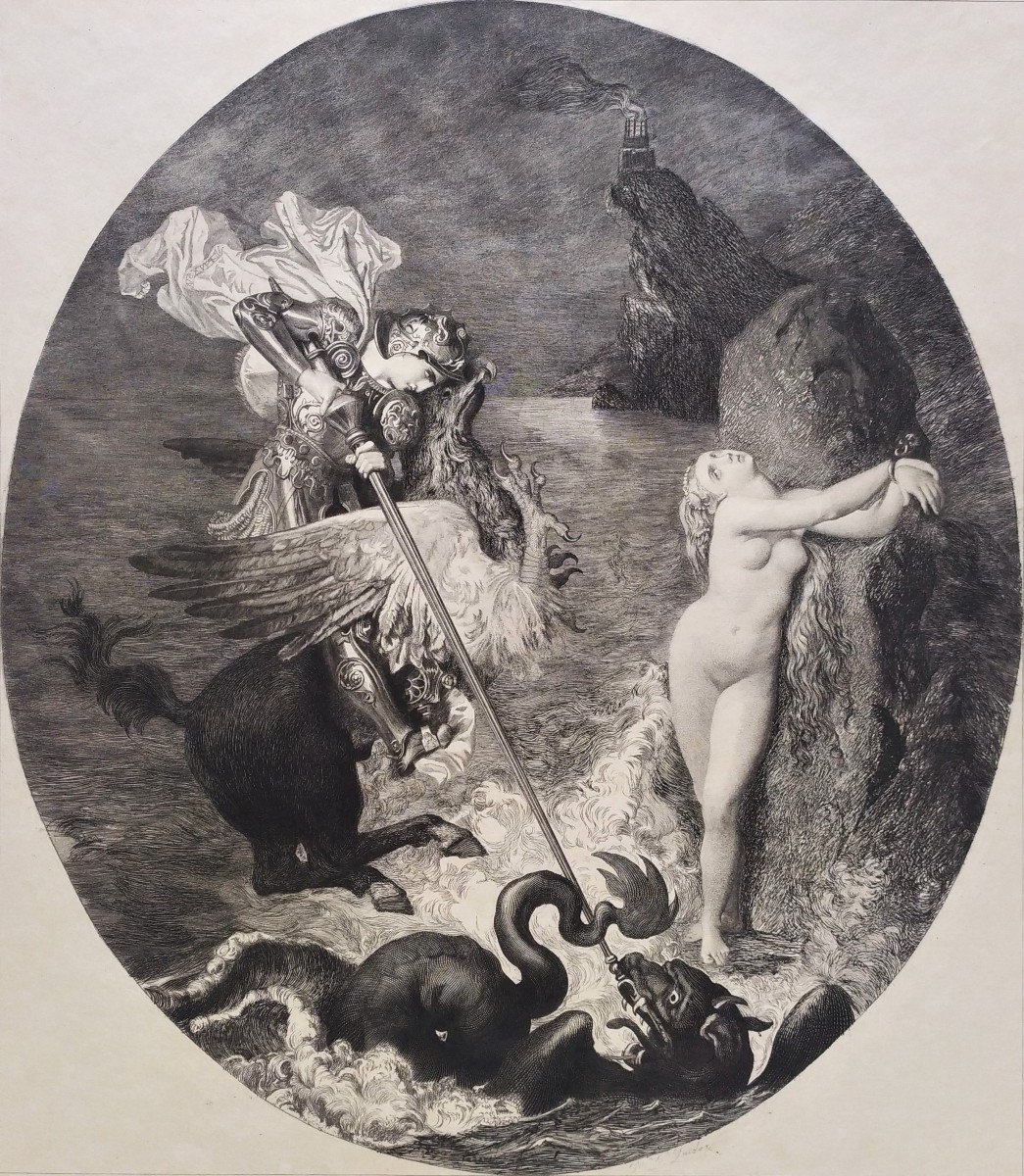 Gravure Mythologique  Roger délivrant Angélique d'Après Ingres 