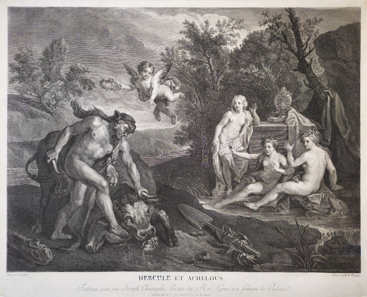 Mythological Engraving Etching Print Hercules And Acheloüs 18th  C-photo-3