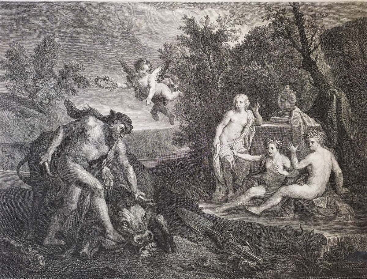Mythological Engraving Etching Print Hercules And Acheloüs 18th  C