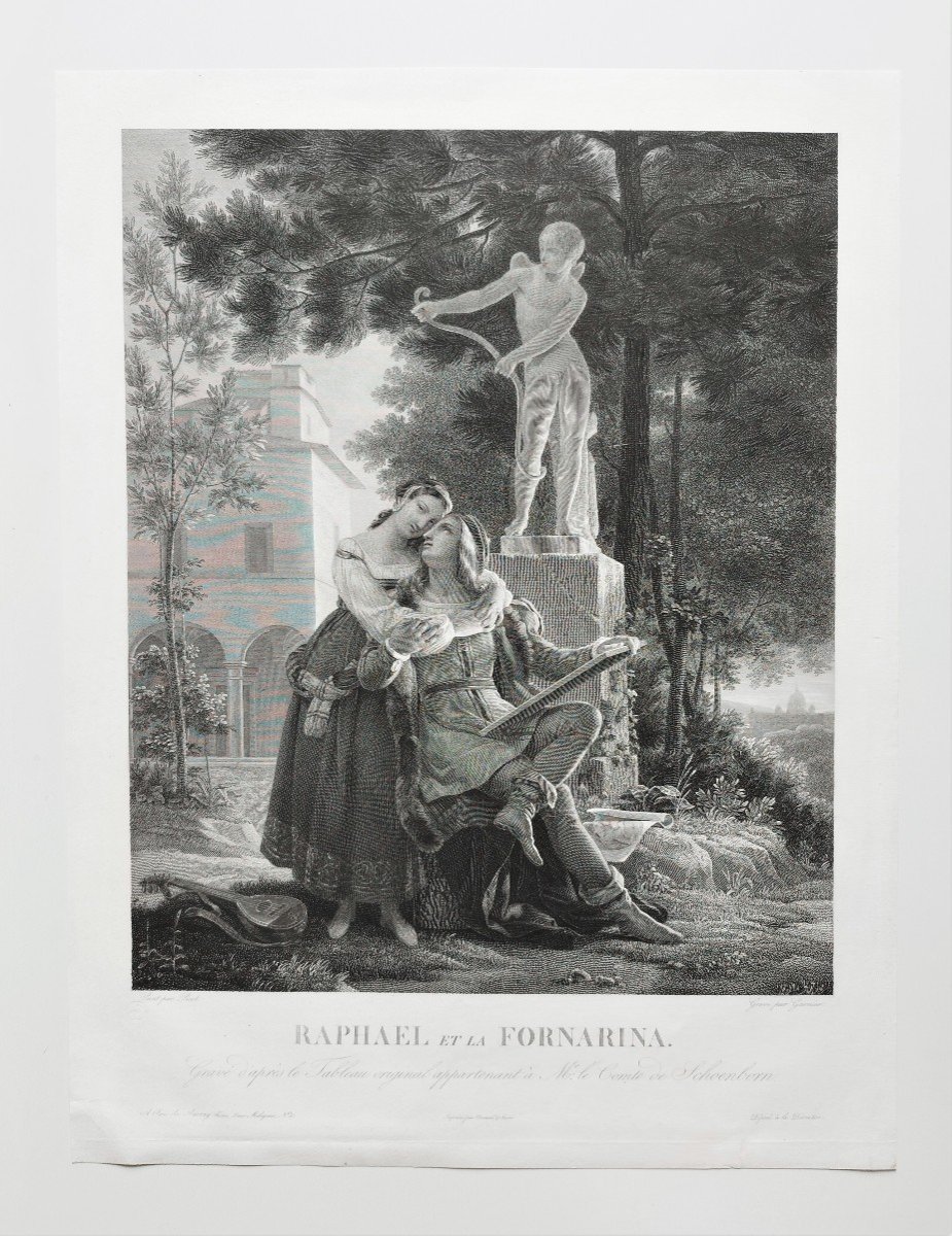 Etching Raphael And La Fornarina 19th C Engraving Print-photo-2