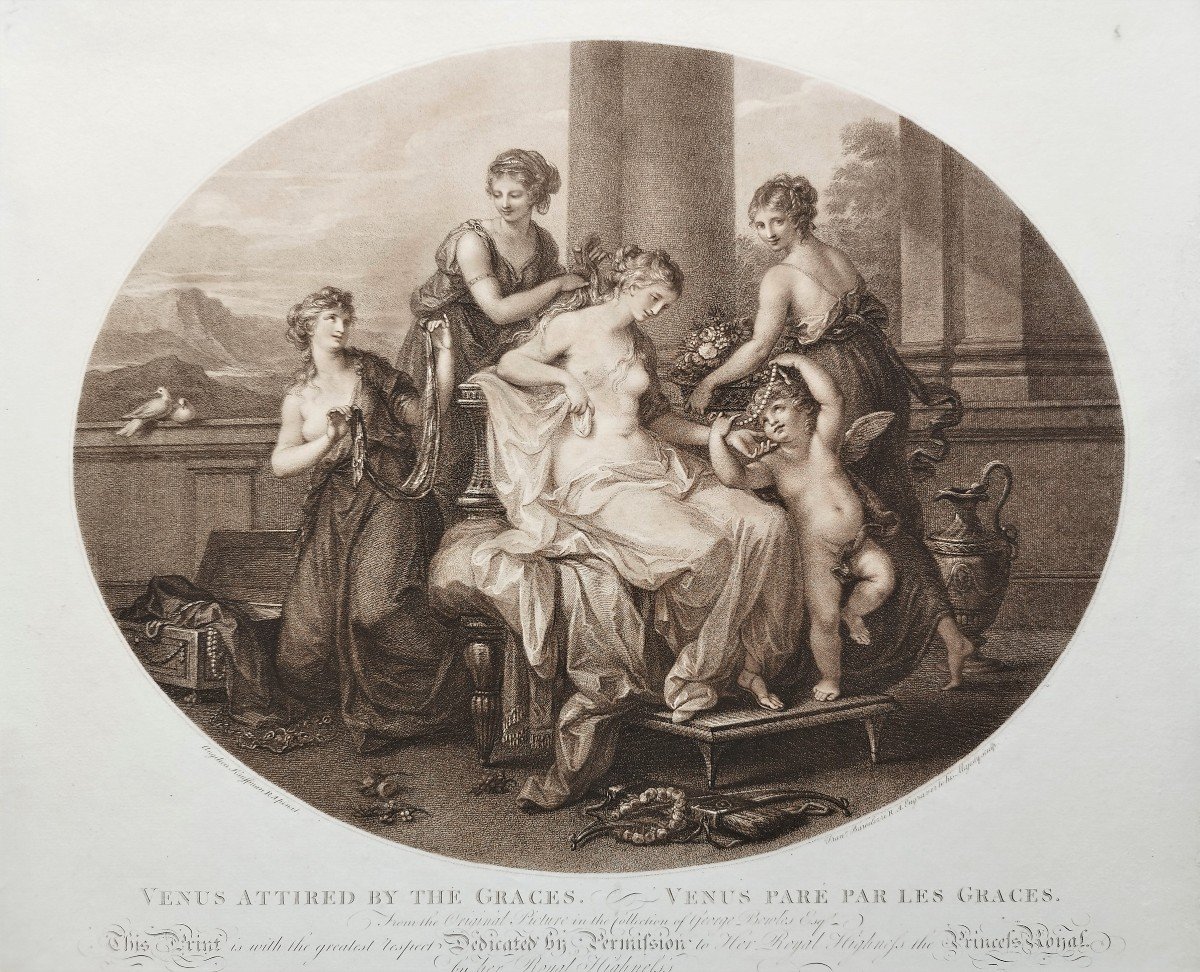 Gravure  mythologique Venus Paré Par Les Grâces Par Francesco Bartolozzi d'Après A. Kauffman