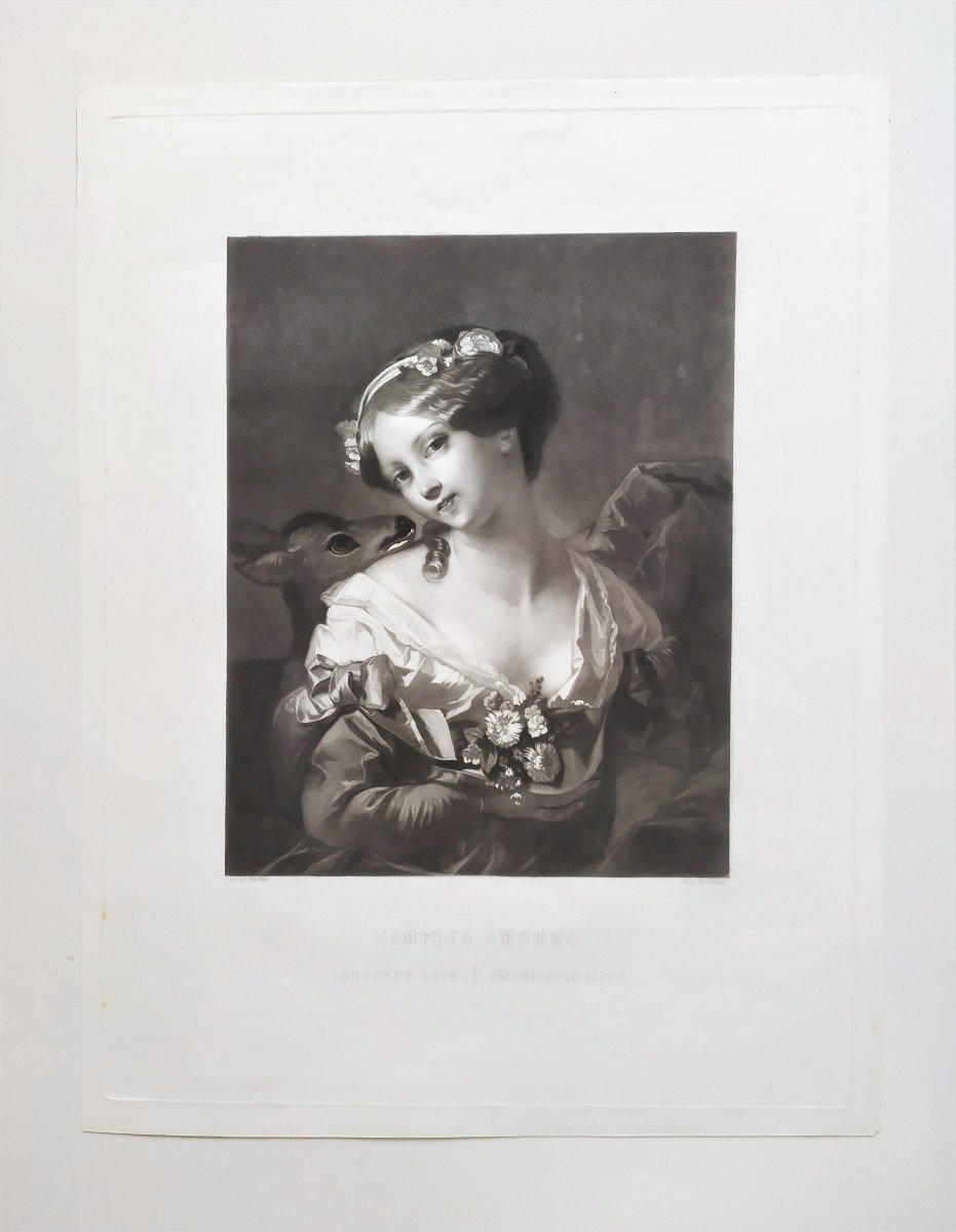 Portrait Of A Lady Innocent Love  Etching 19th Century Engraving After Brochart Print-photo-2