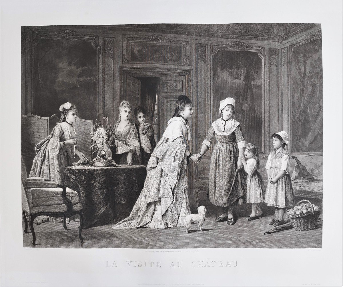 Etching Genre Scene The Visit To The Castle  Engraving After Charles Baugniet 19th C Old Print-photo-2