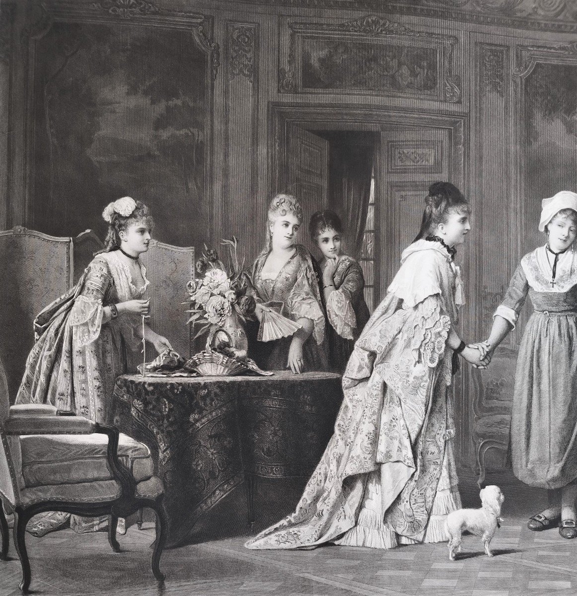 Etching Genre Scene The Visit To The Castle  Engraving After Charles Baugniet 19th C Old Print-photo-1