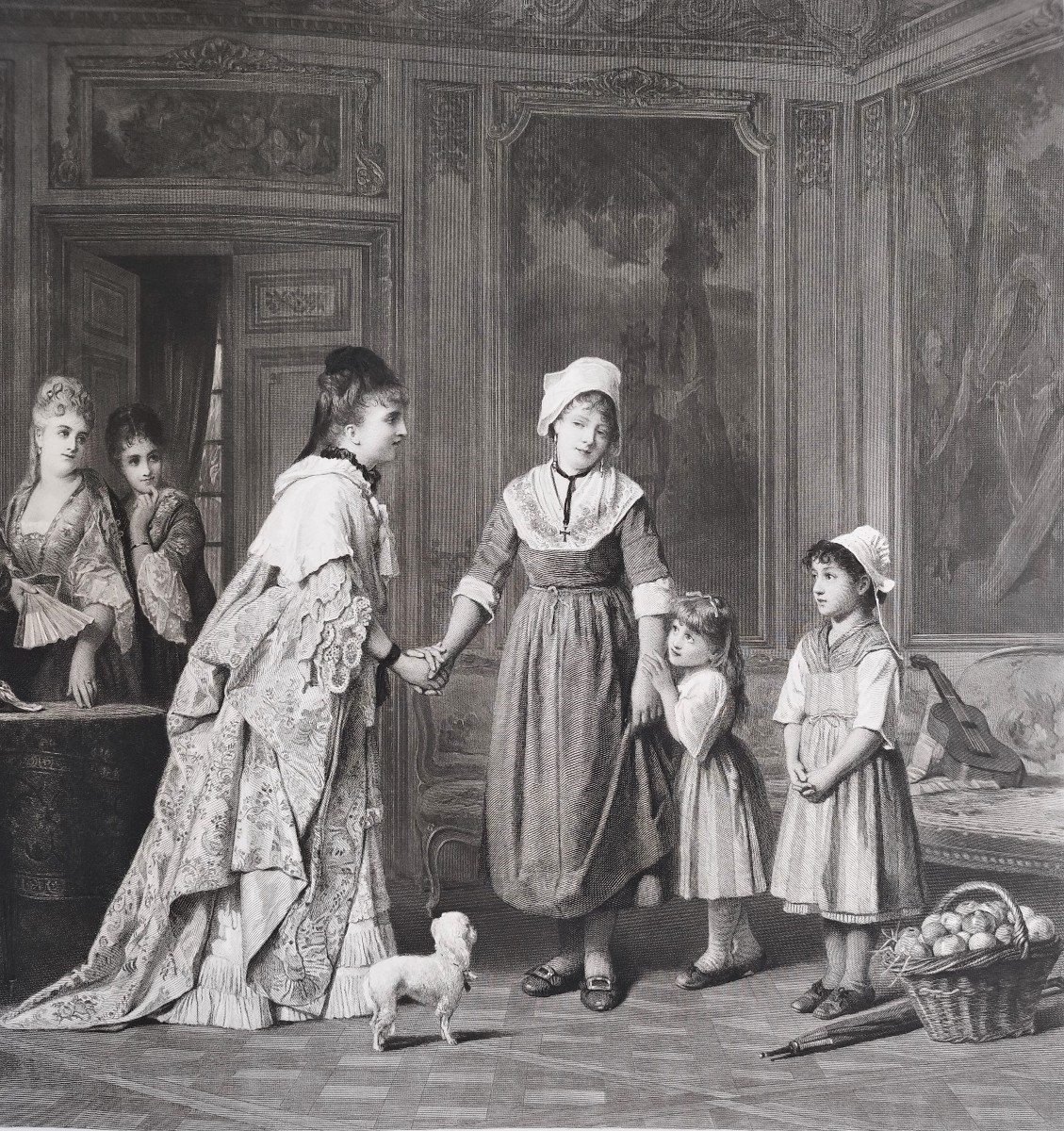 Etching Genre Scene The Visit To The Castle  Engraving After Charles Baugniet 19th C Old Print-photo-2