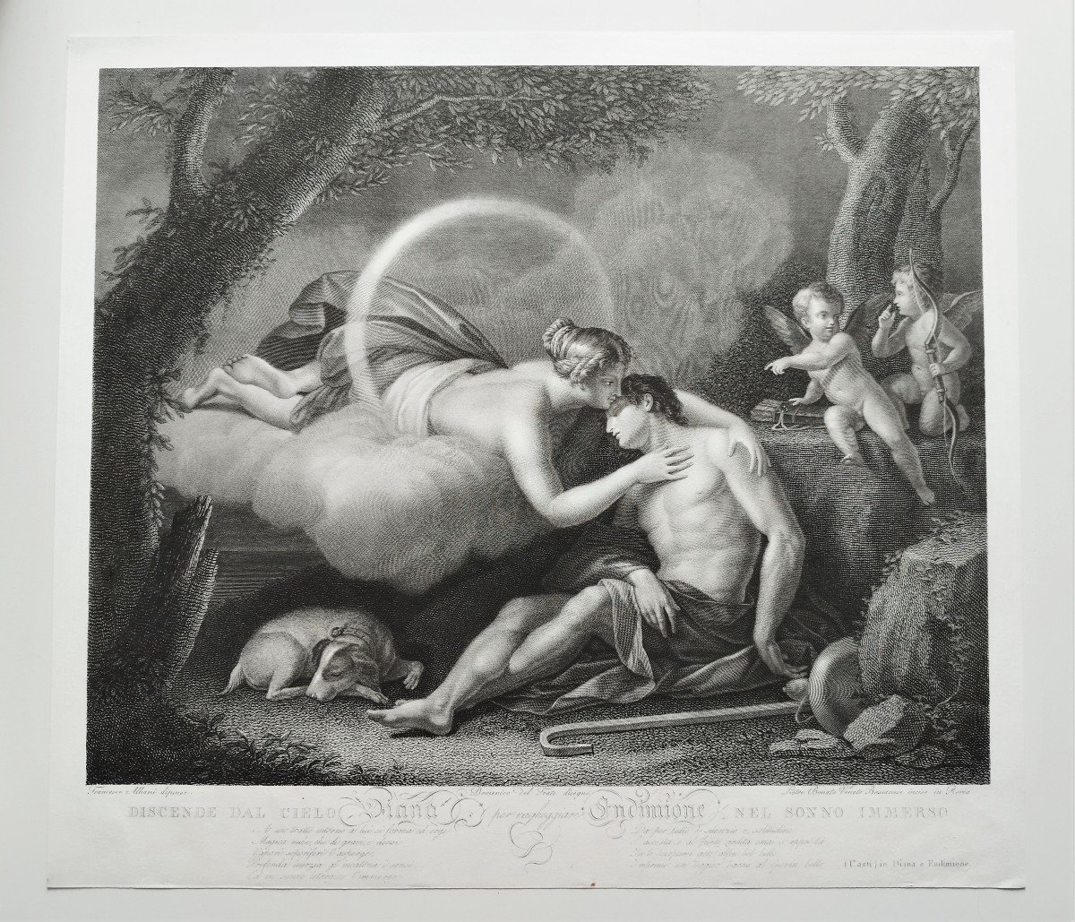 Mythological Etching Diana And Endymion Engraving By Pietro Bonato After Francesco Albani  19th Century  Old Print-photo-2