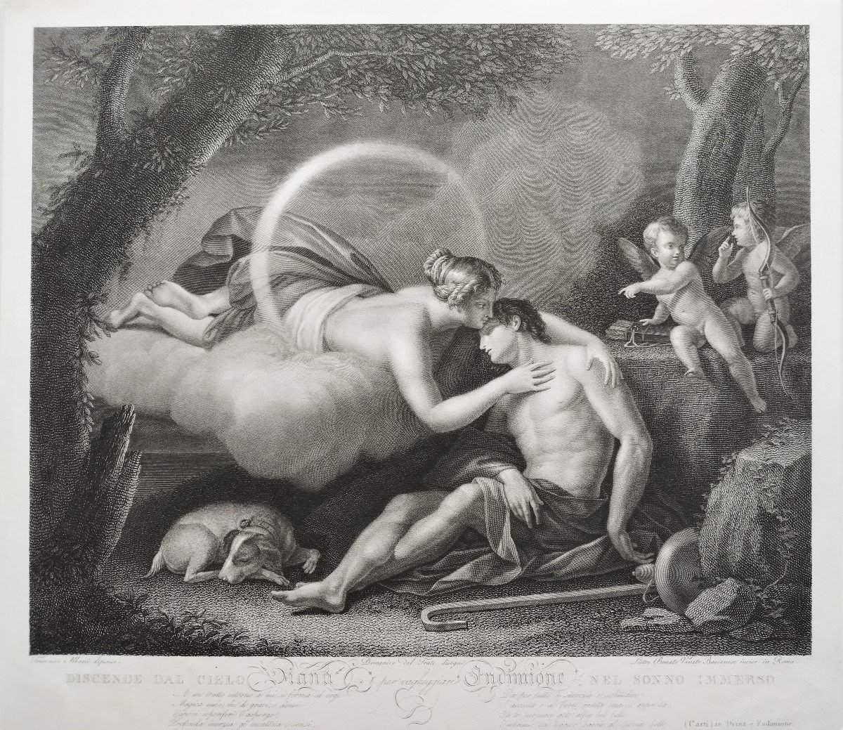 Mythological Etching Diana And Endymion Engraving By Pietro Bonato After Francesco Albani  19th Century  Old Print-photo-3