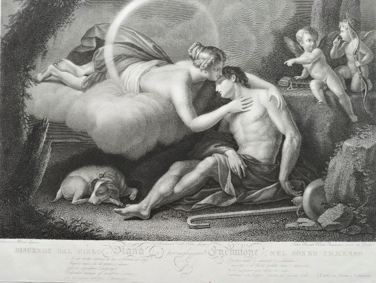 Mythological Etching Diana And Endymion Engraving By Pietro Bonato After Francesco Albani  19th Century  Old Print-photo-4