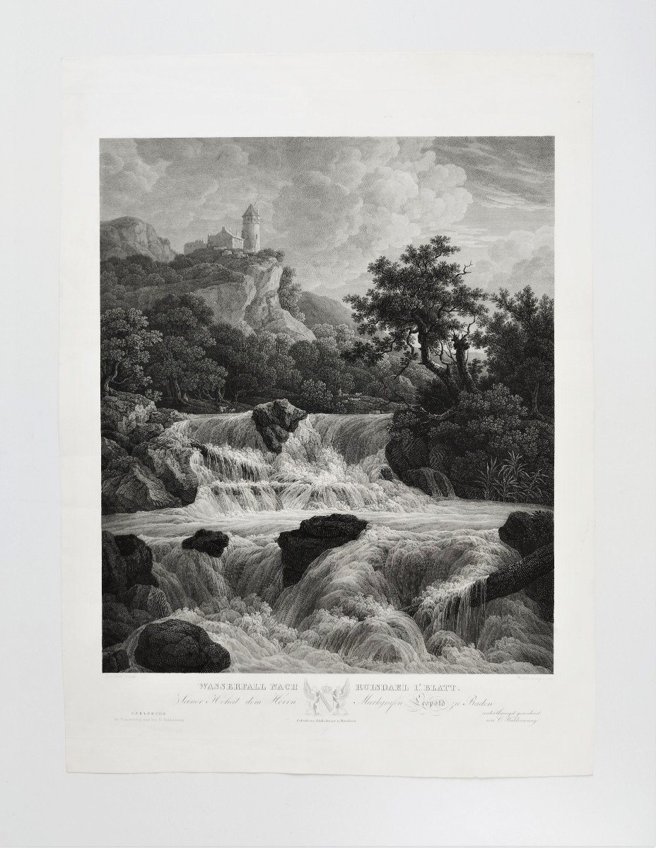 Swiss Landscape Waterfall Etching By Haldenwang After Jacob Van Ruisdael Engraving Old Print-photo-2