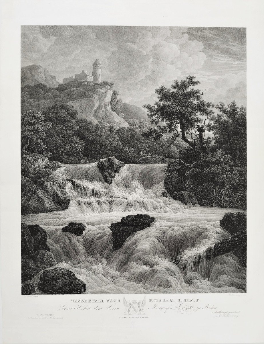 Swiss Landscape Waterfall Etching By Haldenwang After Jacob Van Ruisdael Engraving Old Print-photo-3