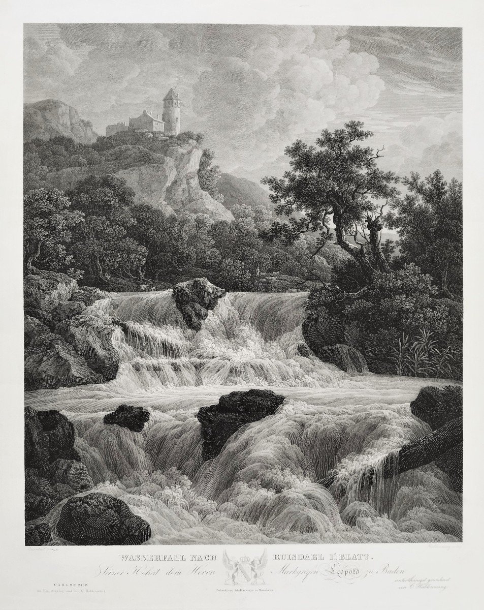 Swiss Landscape Waterfall Etching By Haldenwang After Jacob Van Ruisdael Engraving Old Print-photo-4