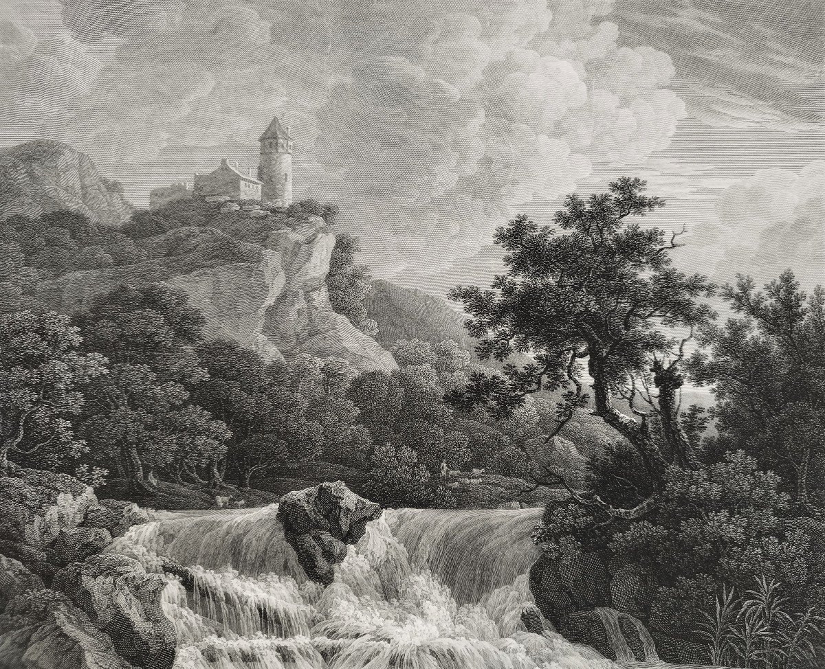 Swiss Landscape Waterfall Etching By Haldenwang After Jacob Van Ruisdael Engraving Old Print-photo-3