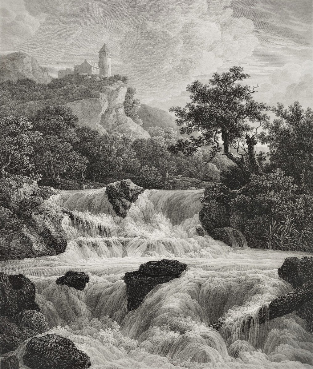 Swiss Landscape Waterfall Etching By Haldenwang After Jacob Van Ruisdael Engraving Old Print-photo-4