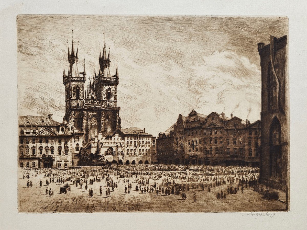 Prague Old Town Square Etching By Jaroslaw Skrbek Dated 1919 Engraving Old Print-photo-3