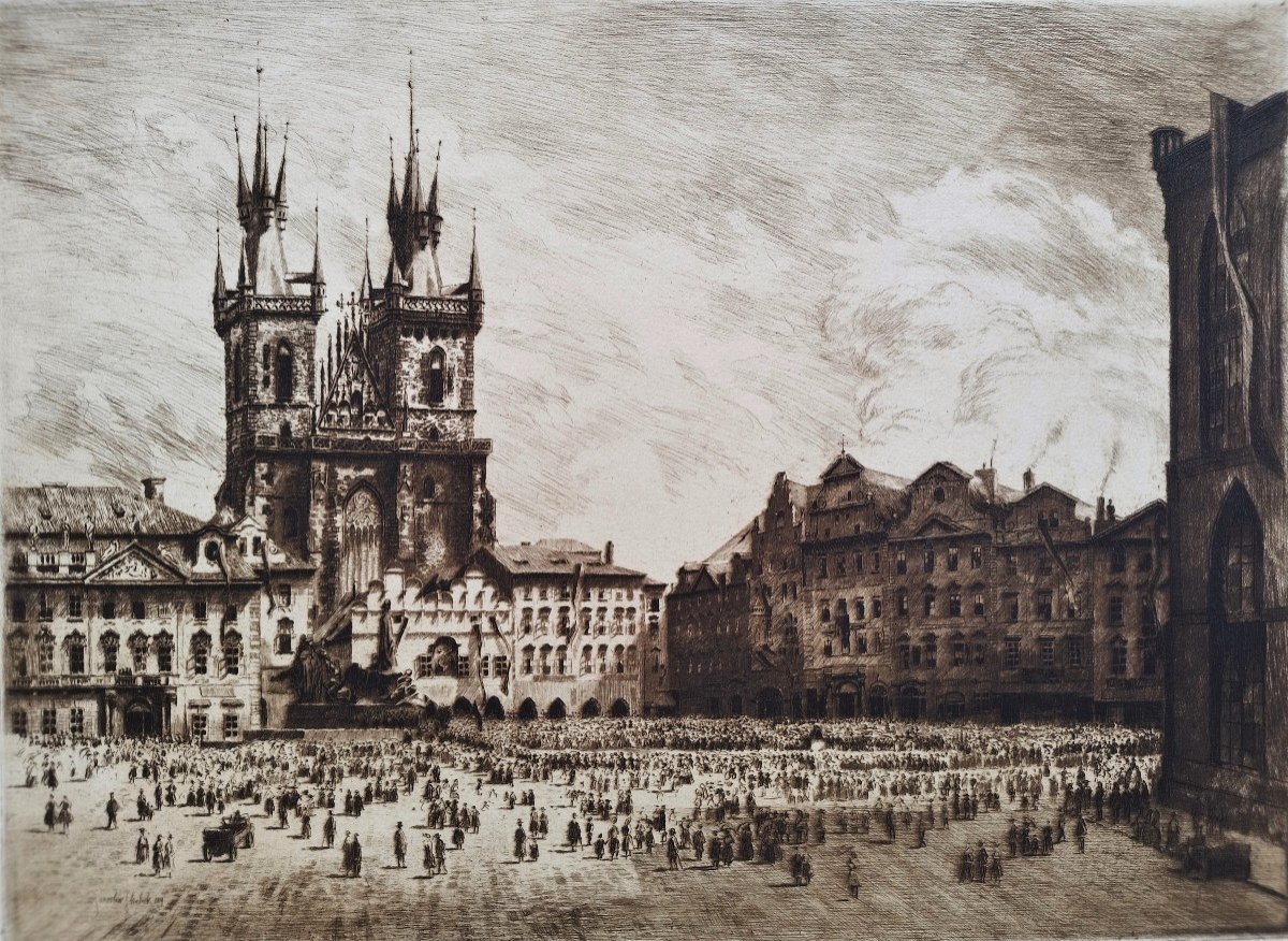 Prague Old Town Square Etching By Jaroslaw Skrbek Dated 1919 Engraving Old Print-photo-4