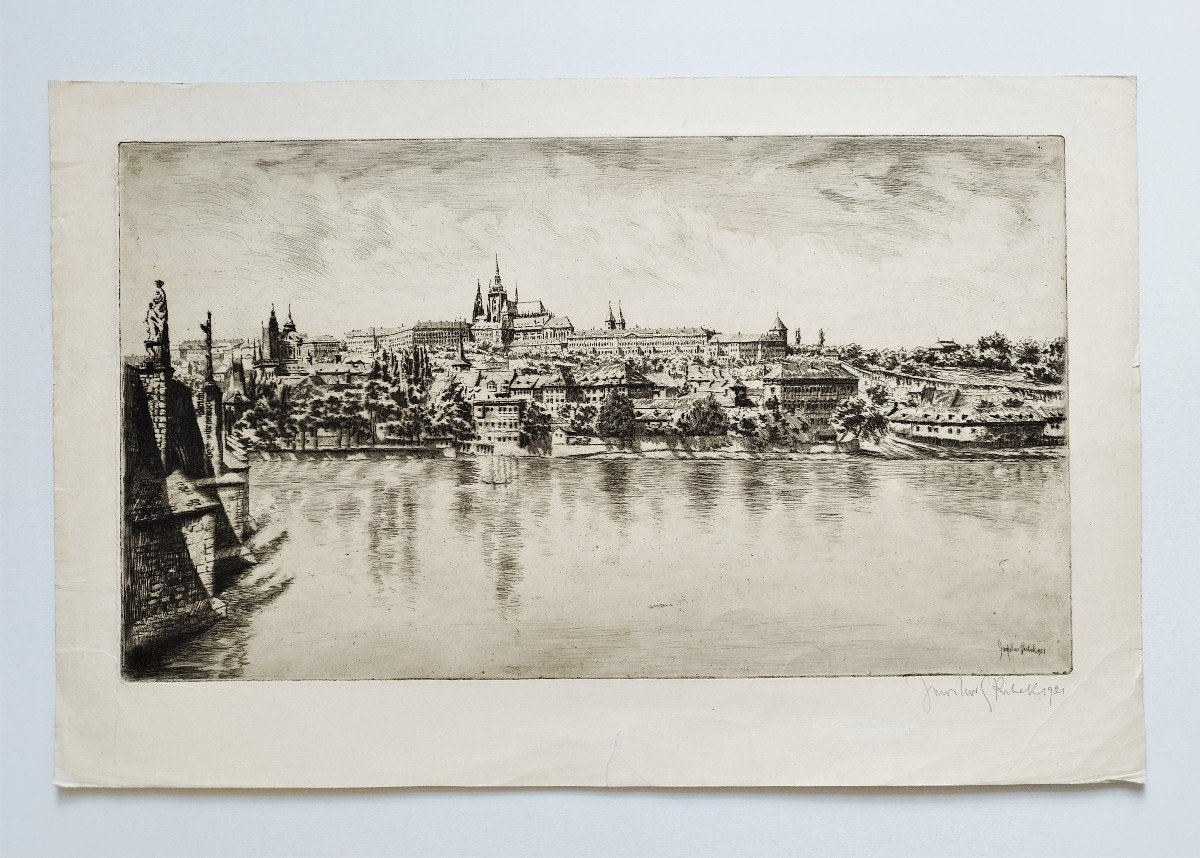 Prague Le Pont Charles Gravure Par Jaroslaw Skrbek Daté 1921-photo-2