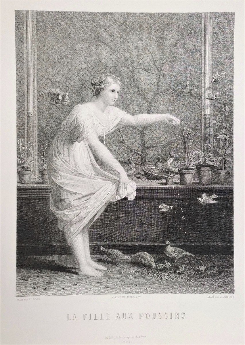 Etching the Girl With Chicks Engraving After Jean-louis Hamon Old Print