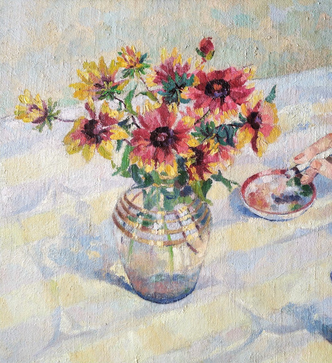 Oil Painting Still Life With Flowers By A. Dubuisson Mid Century-photo-3