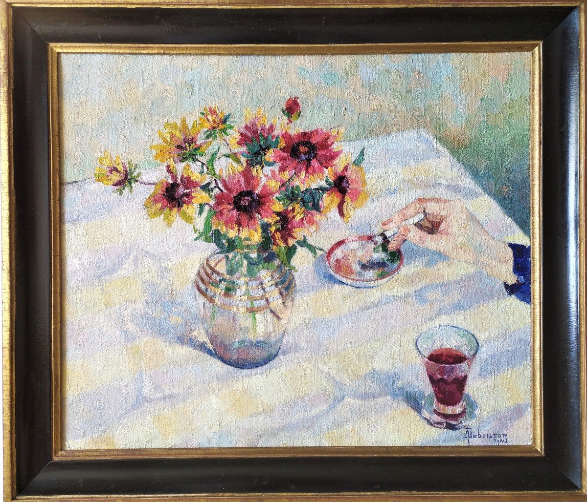 Oil Painting Still Life With Flowers By A. Dubuisson Mid Century