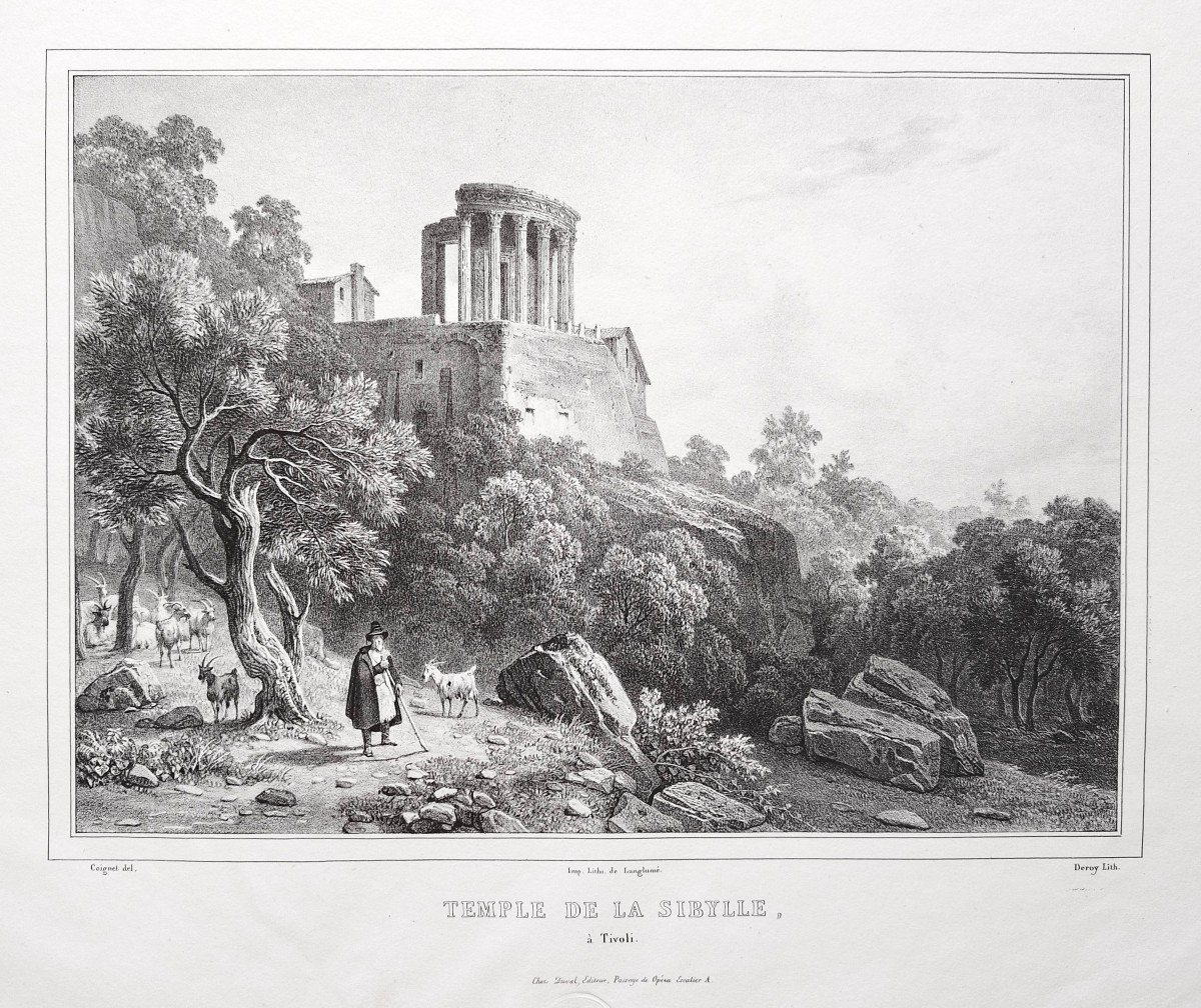 Temple Of The Sibyl At Tivoli Old Lithograph By Deroy After Coignet