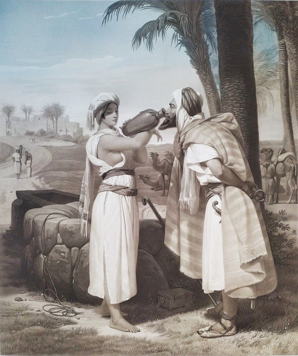 Etching Rebecca At The Fountain Watercolored Orientalist Engraving By Jazet Old Print-photo-3