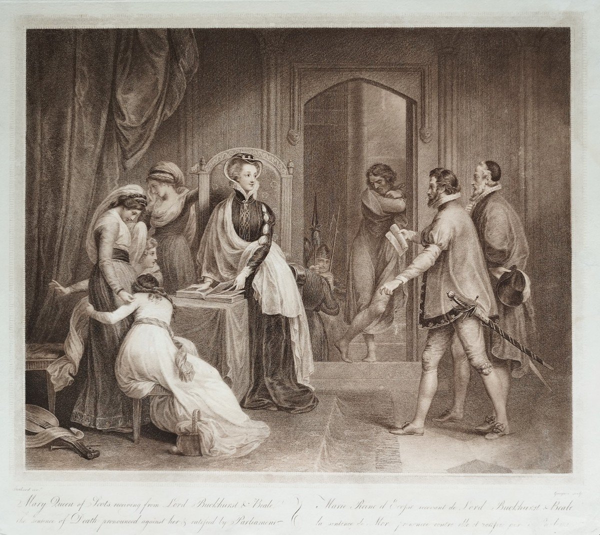 Mary Stuart Queen Of Scots Receiving Her Death Sentence 18th Century Engraving Etching Old Prin-photo-3