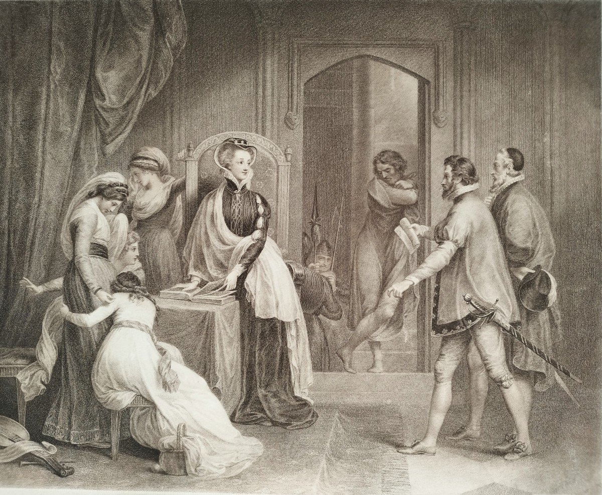 Mary Stuart Queen Of Scots Receiving Her Death Sentence 18th Century Engraving Etching Old Prin-photo-4