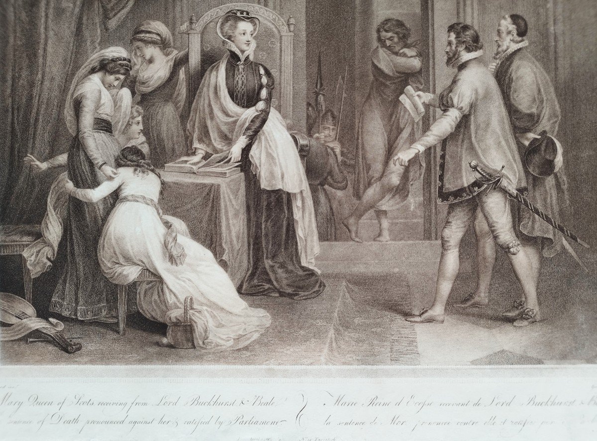 Mary Stuart Queen Of Scots Receiving Her Death Sentence 18th Century Engraving Etching Old Prin-photo-1