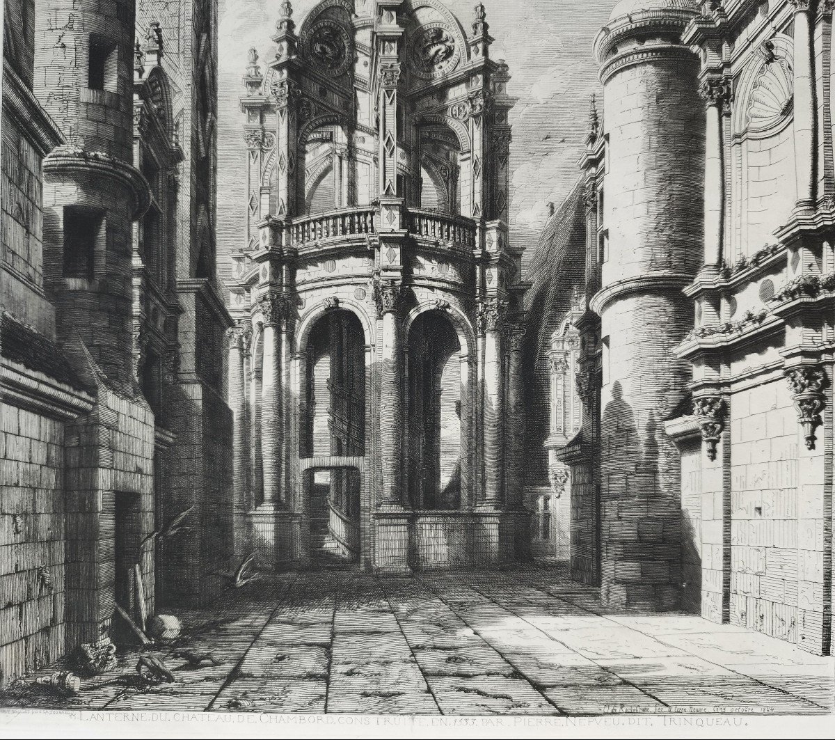 French Castle Chambord Lantern Etching Architecture By Octave De Rochebrune Engraving 19th C Old Print-photo-3