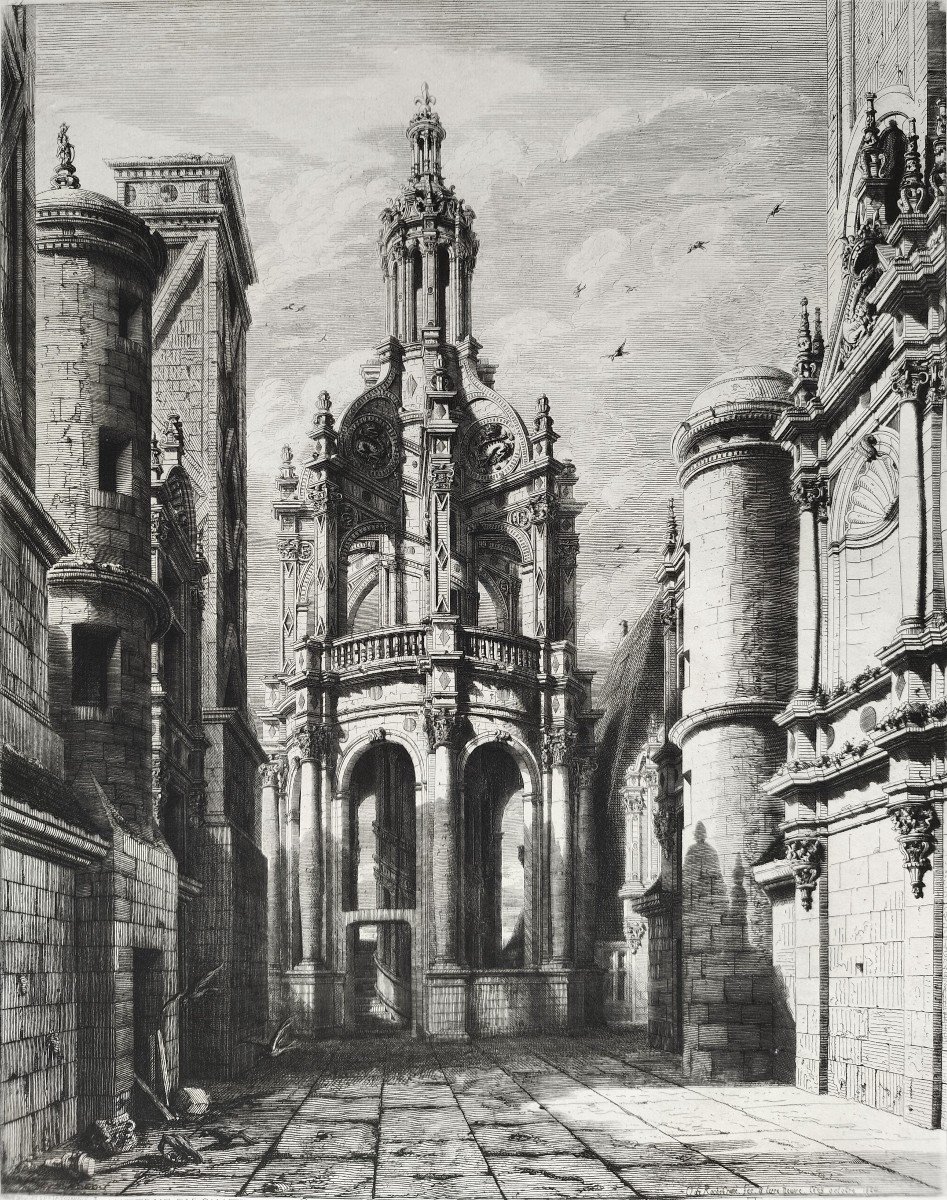 French Castle Chambord Lantern Etching Architecture By Octave De Rochebrune Engraving 19th C Old Print