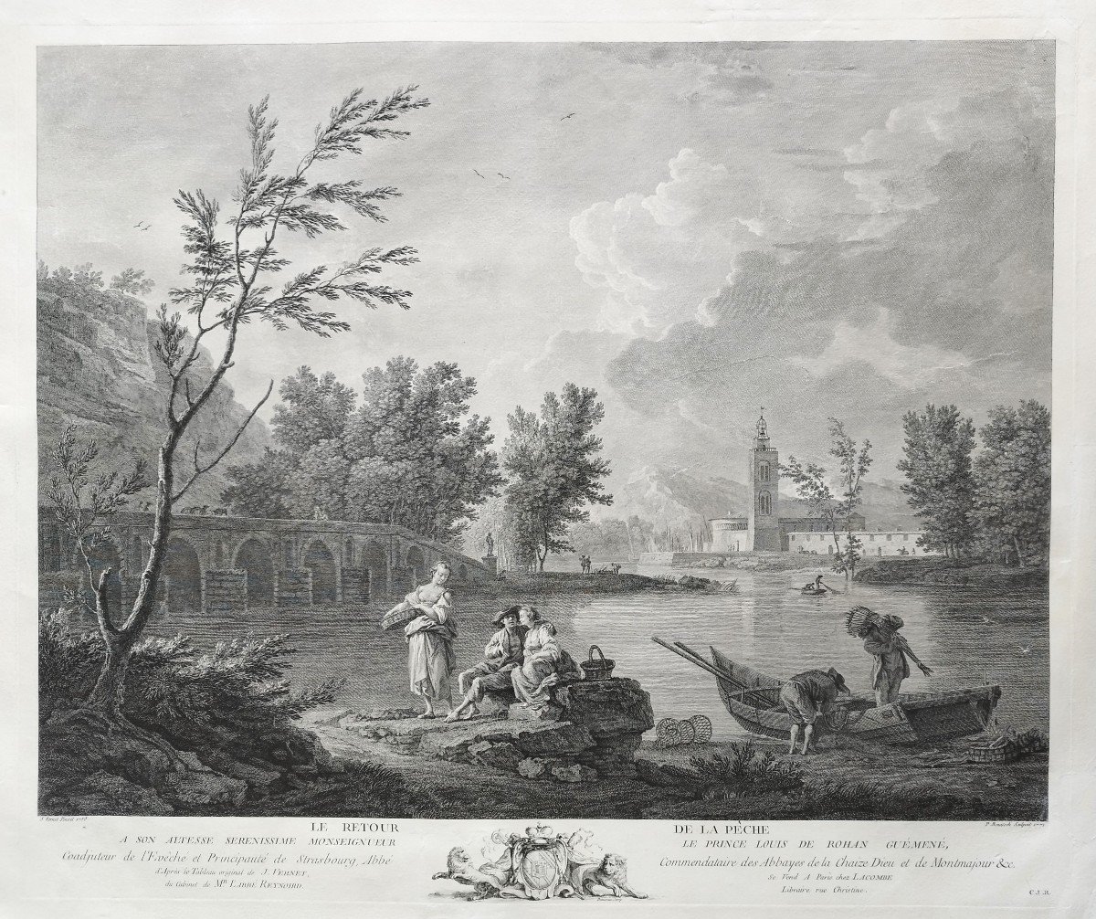 Etching The Return Of Fishing 18th Century Engraving By Peter Paul Benazech After Vernet Old Print-photo-3