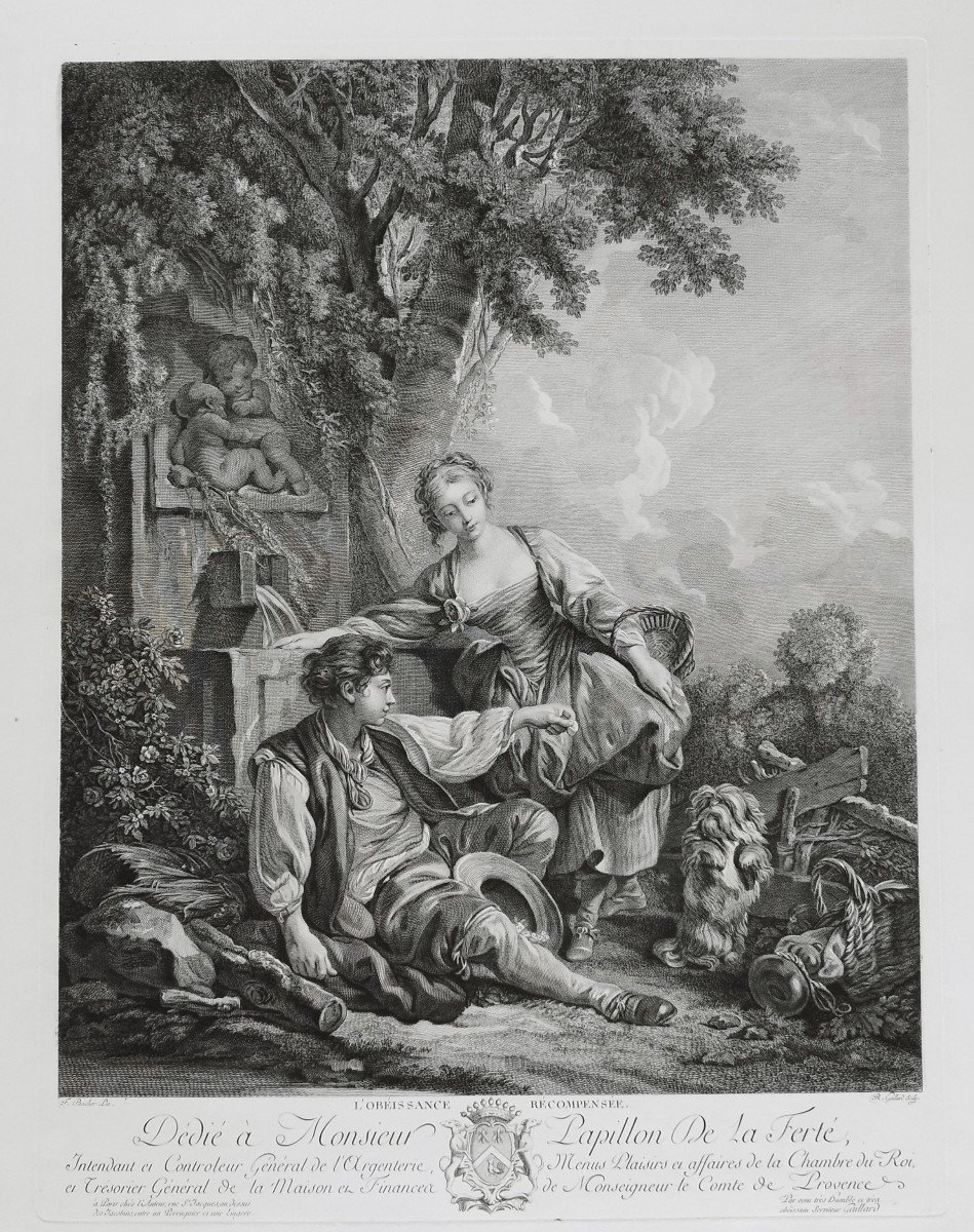 Etching Obedience Rewarded Engraving After François Boucher Old Print-photo-3