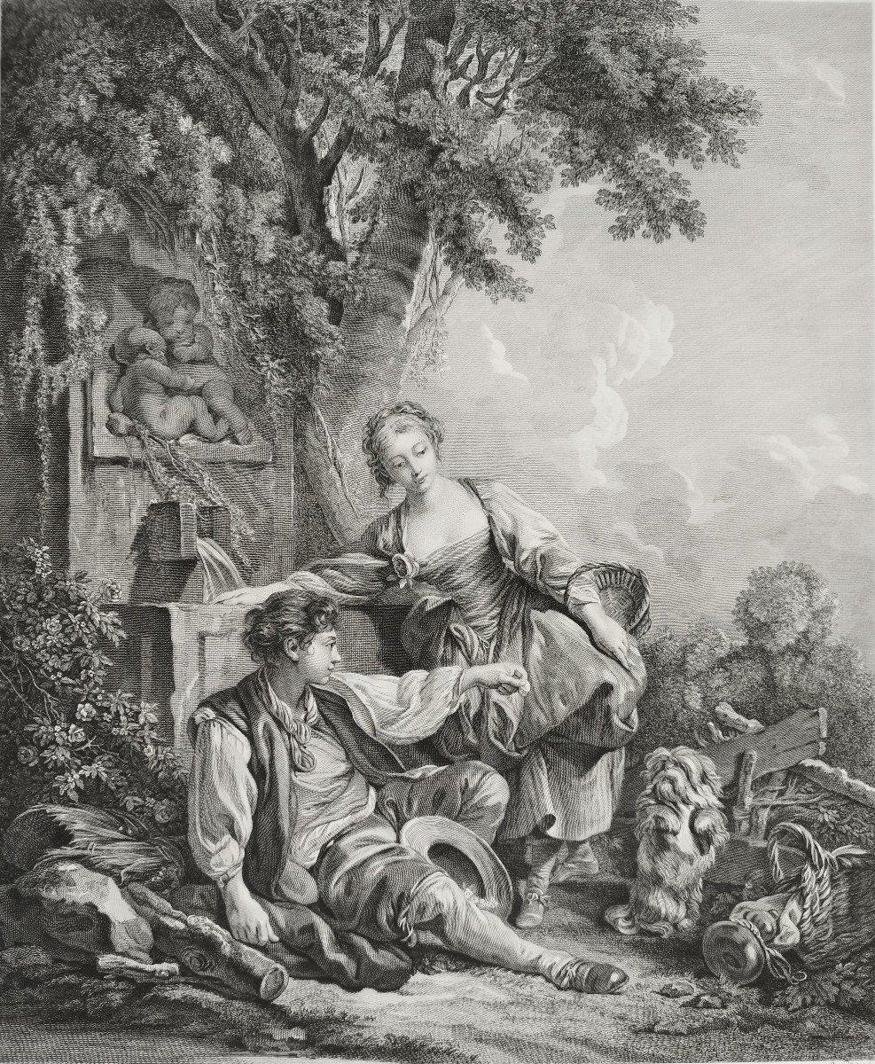 Etching Obedience Rewarded Engraving After François Boucher Old Print-photo-4