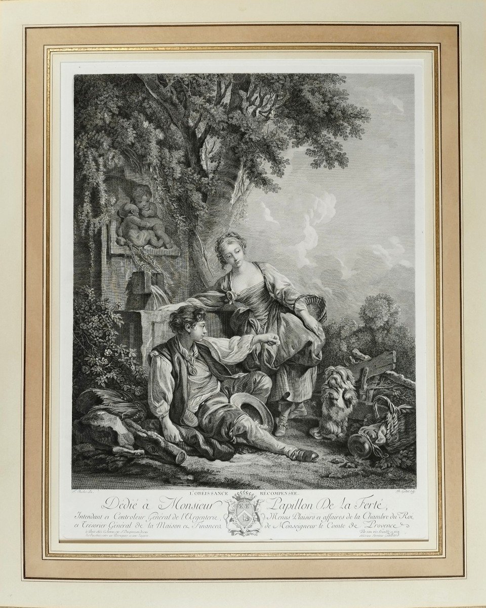 Etching Obedience Rewarded Engraving After François Boucher Old Print-photo-3