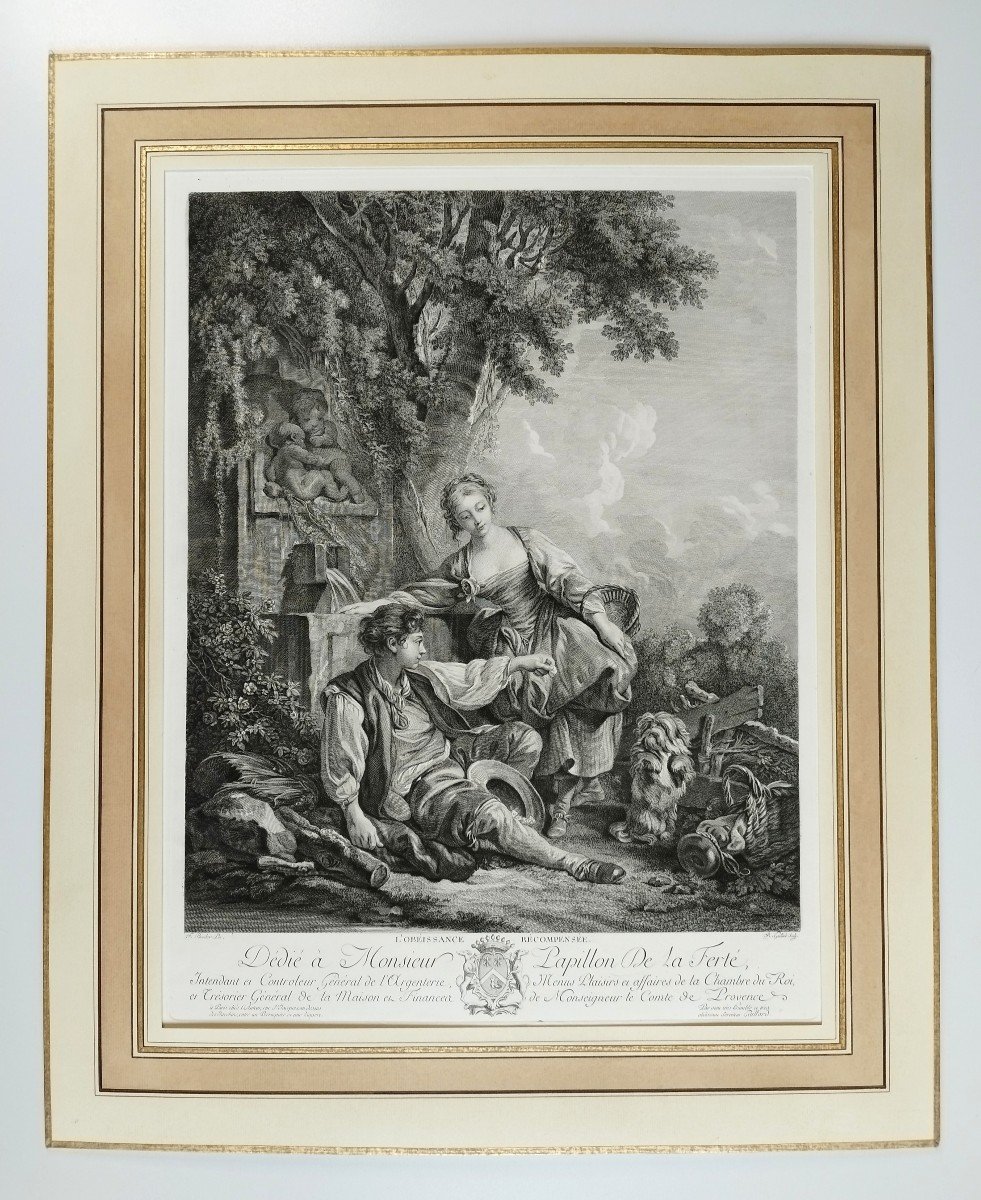 Etching Obedience Rewarded Engraving After François Boucher Old Print-photo-4