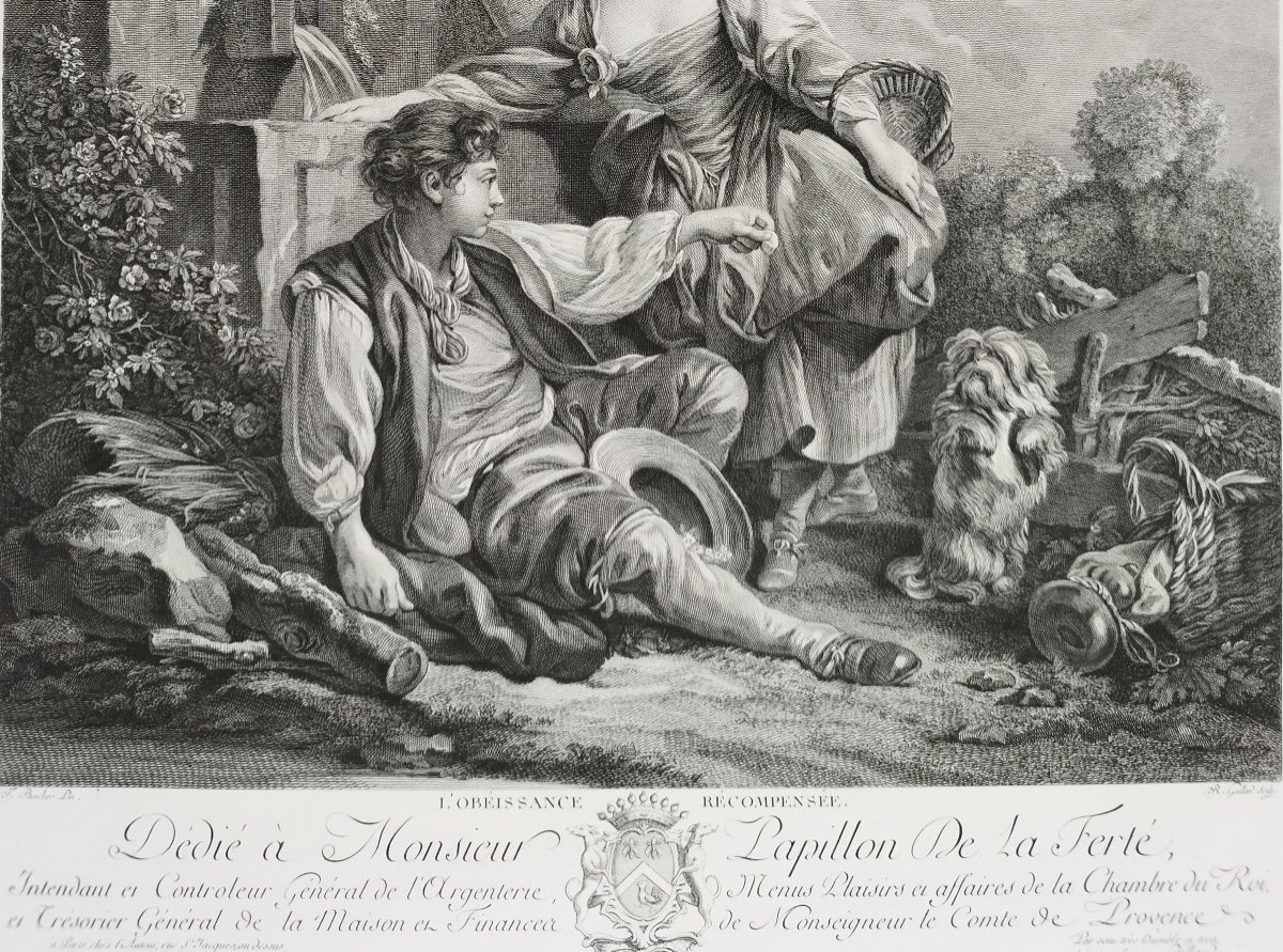 Etching Obedience Rewarded Engraving After François Boucher Old Print-photo-1