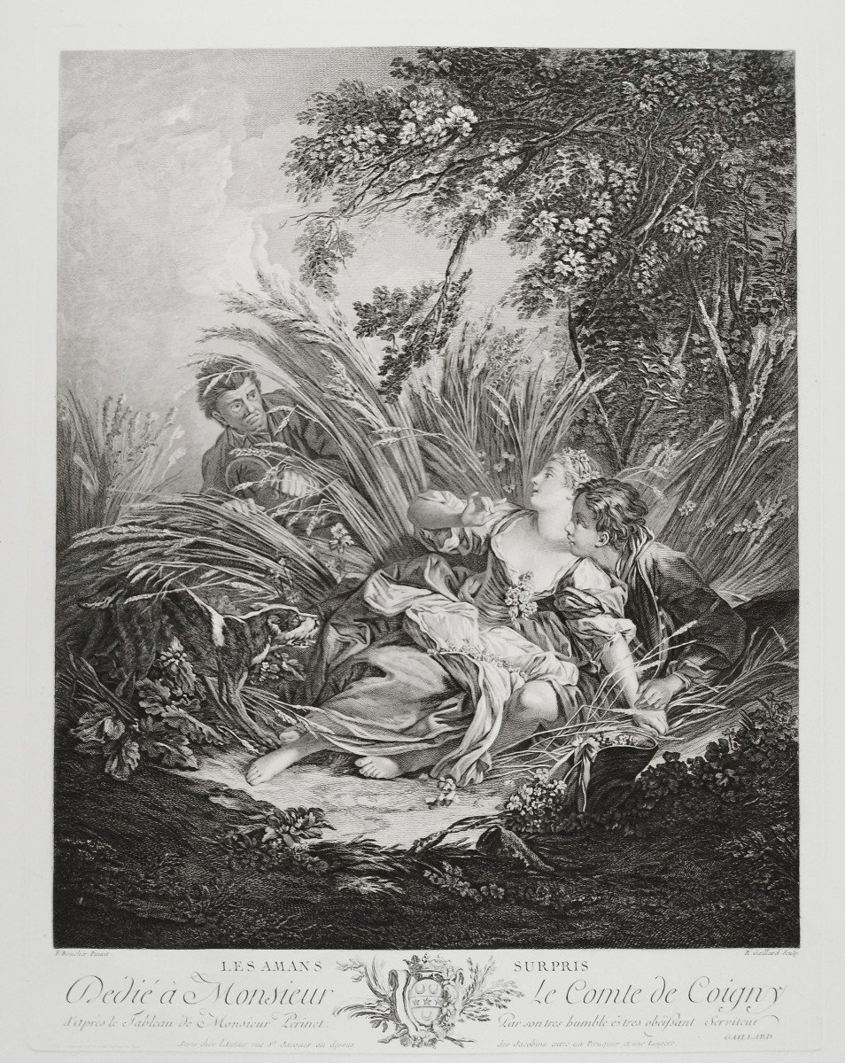 Etching The Surprised Lovers Engraving After François Boucher 19th C Old Print-photo-3