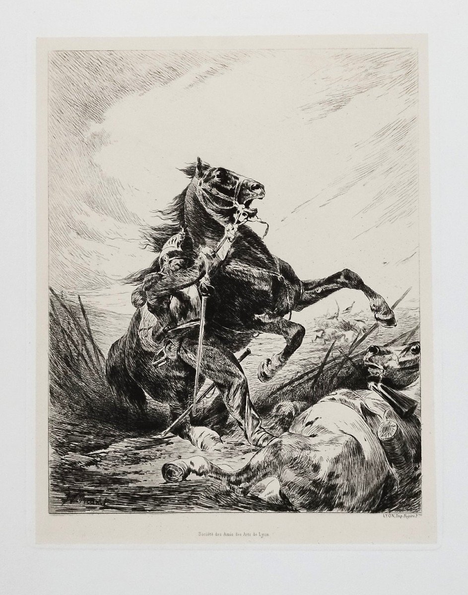 Engraving Cuirassier And His Horse 20th Century Etching Print-photo-1