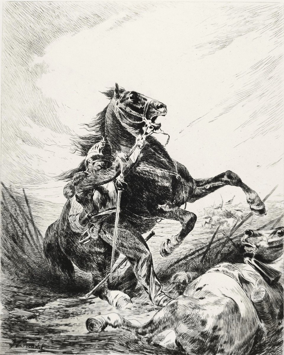 Engraving Cuirassier And His Horse 20th Century Etching Print-photo-3