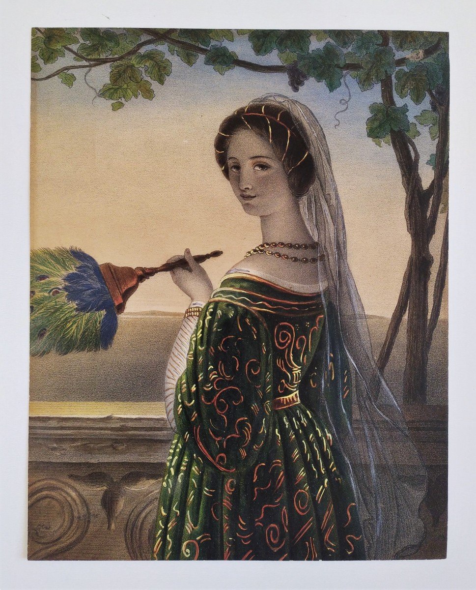 Italian Woman With A Fan Watercolored Lithograph 19th C Old Print-photo-2