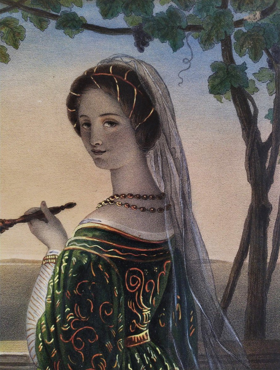 Italian Woman With A Fan Watercolored Lithograph 19th C Old Print-photo-1