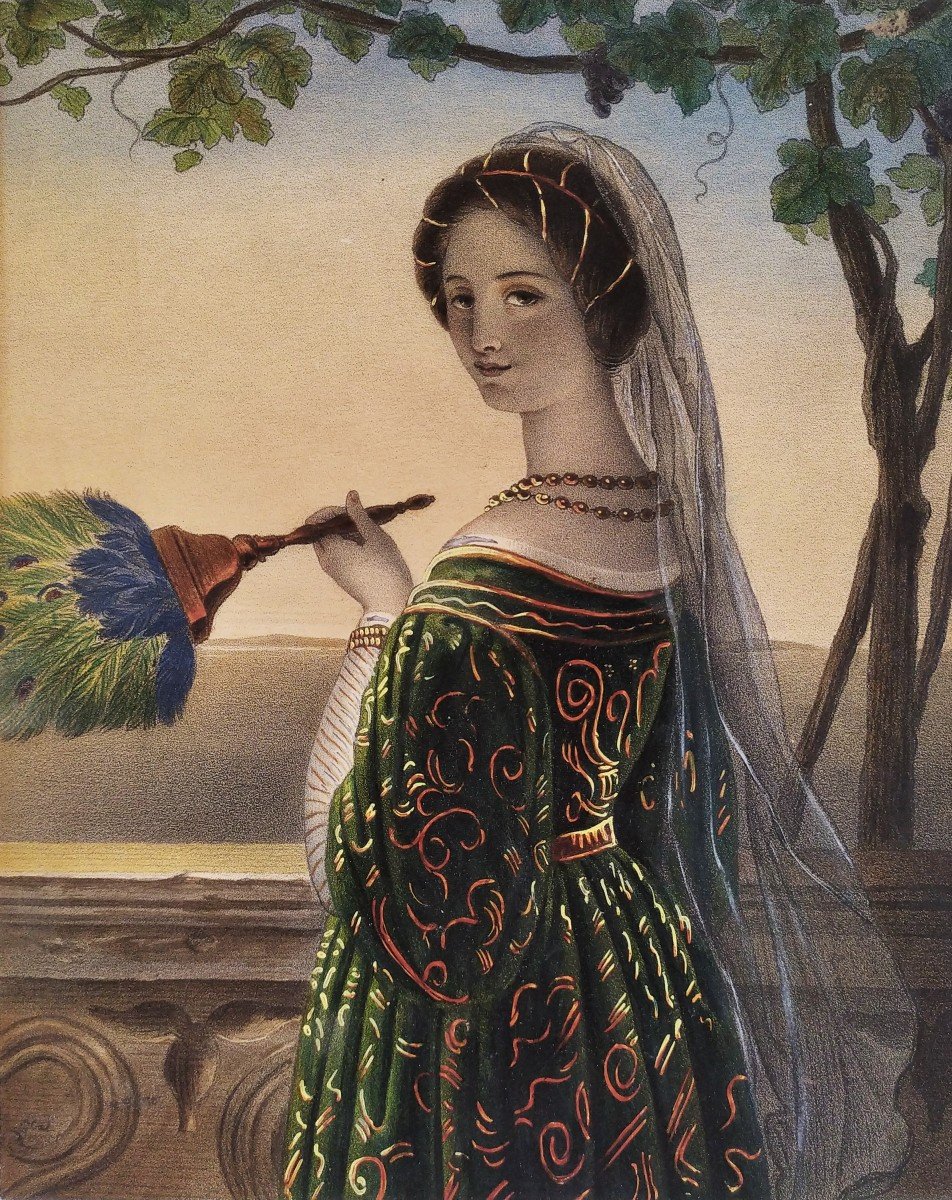 Italian Woman With A Fan Watercolored Lithograph 19th C Old Print