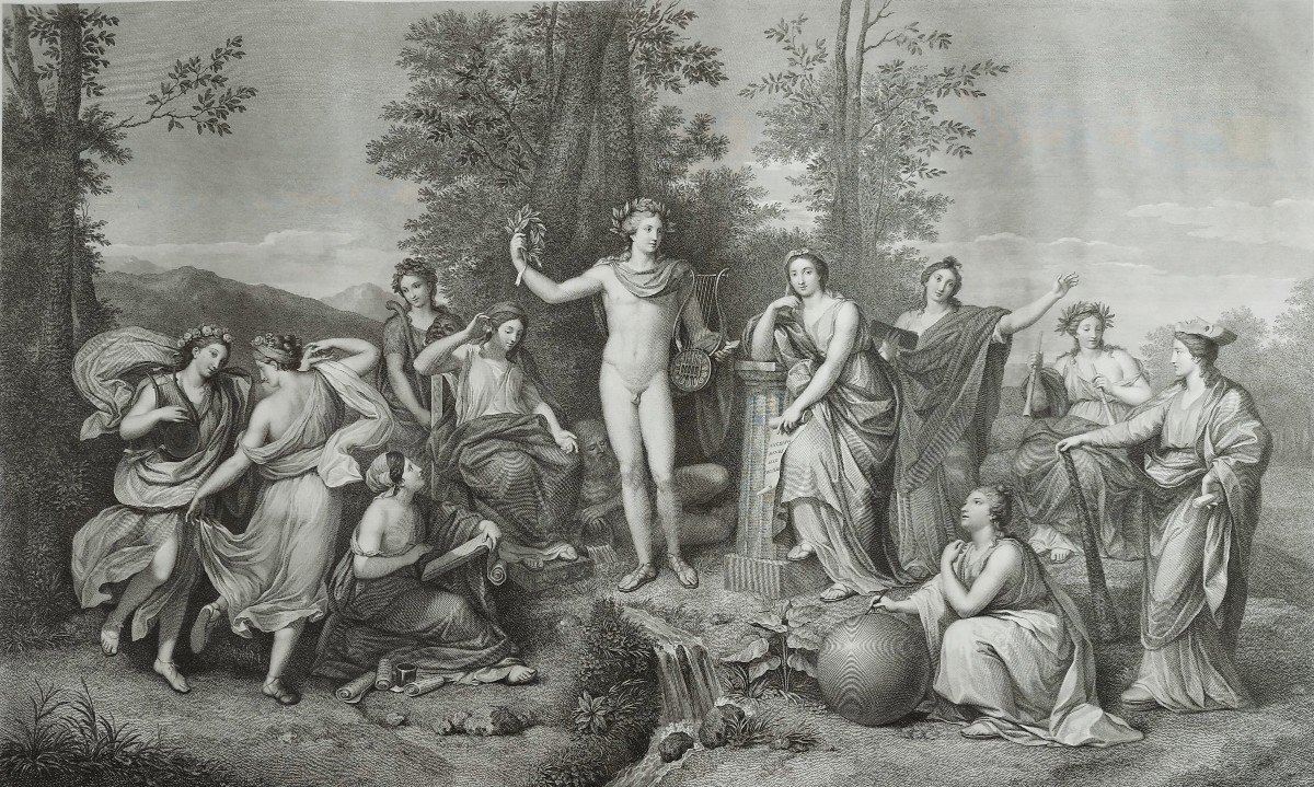 Etching Mythological Engraving Apollo And The Muses On Parnassus 19th C Old Print