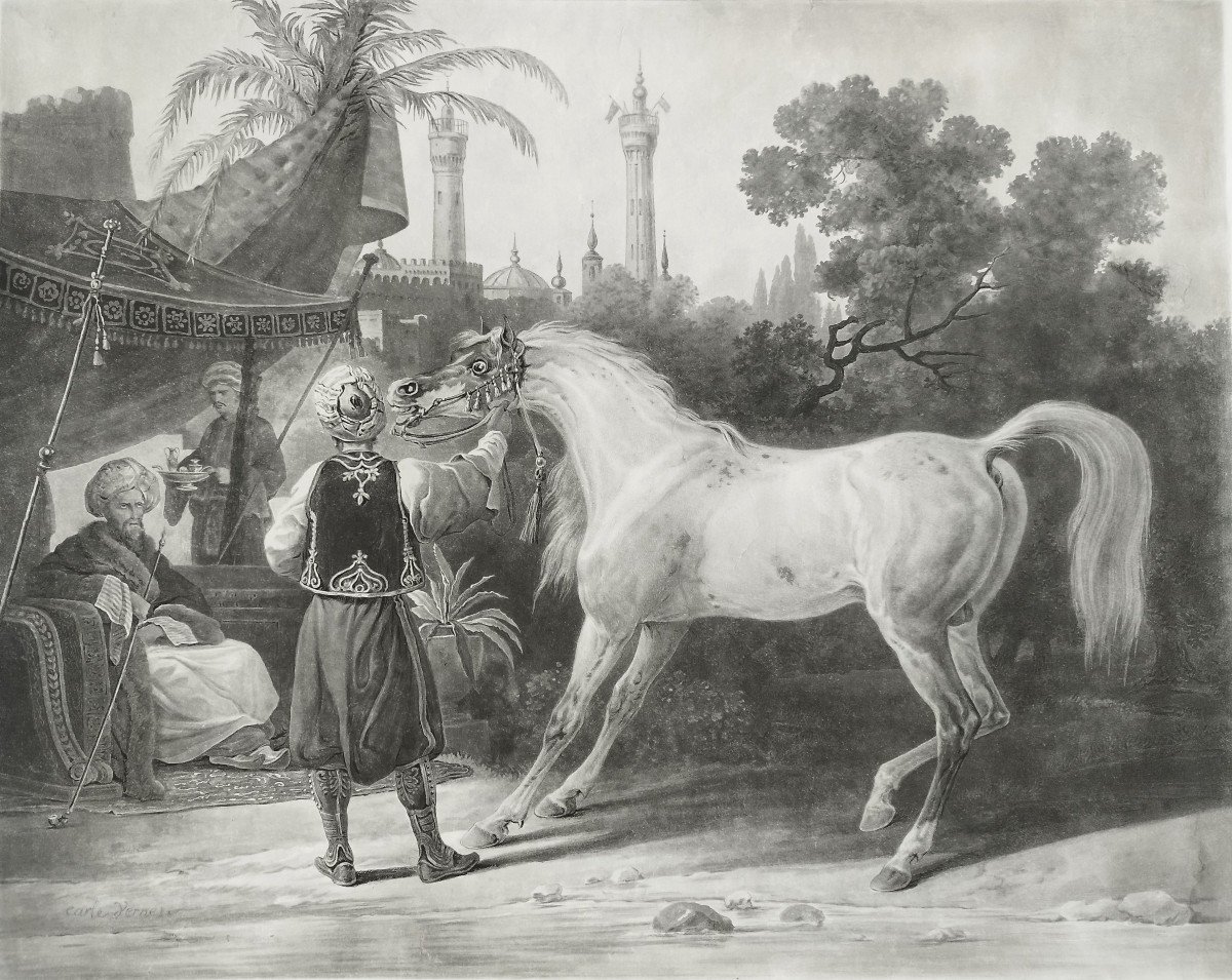 Arabian Horse Orientalist Engraving After Vernet Turkish Horse On Watch Etching Old Print-photo-4