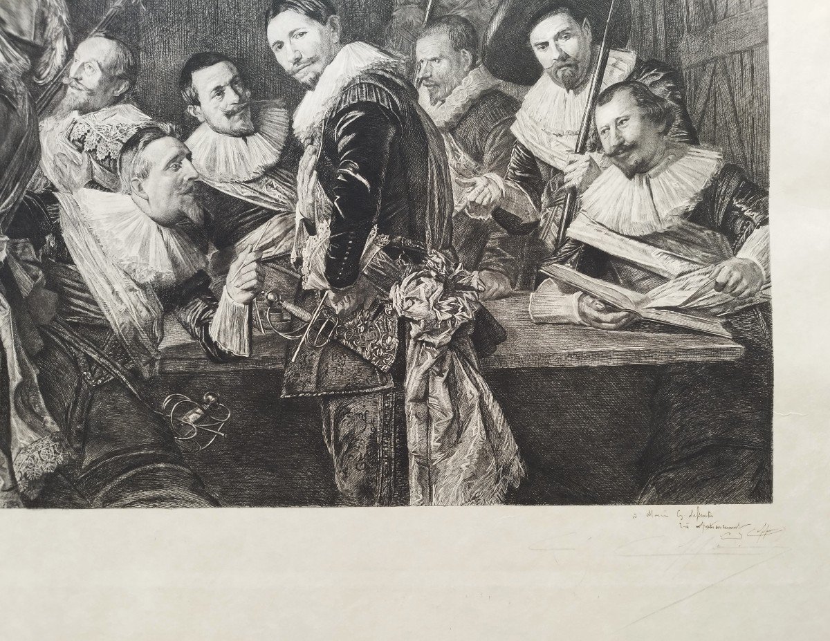 Etching  After Flemish Painting By Frans Hals Engraving Meeting Of Officers 19th C Old Print-photo-1